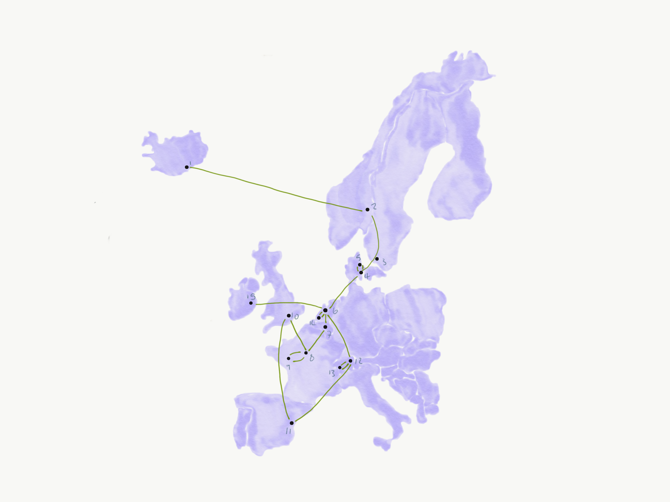 Outline of most countries in Western Europe and a flight path around them