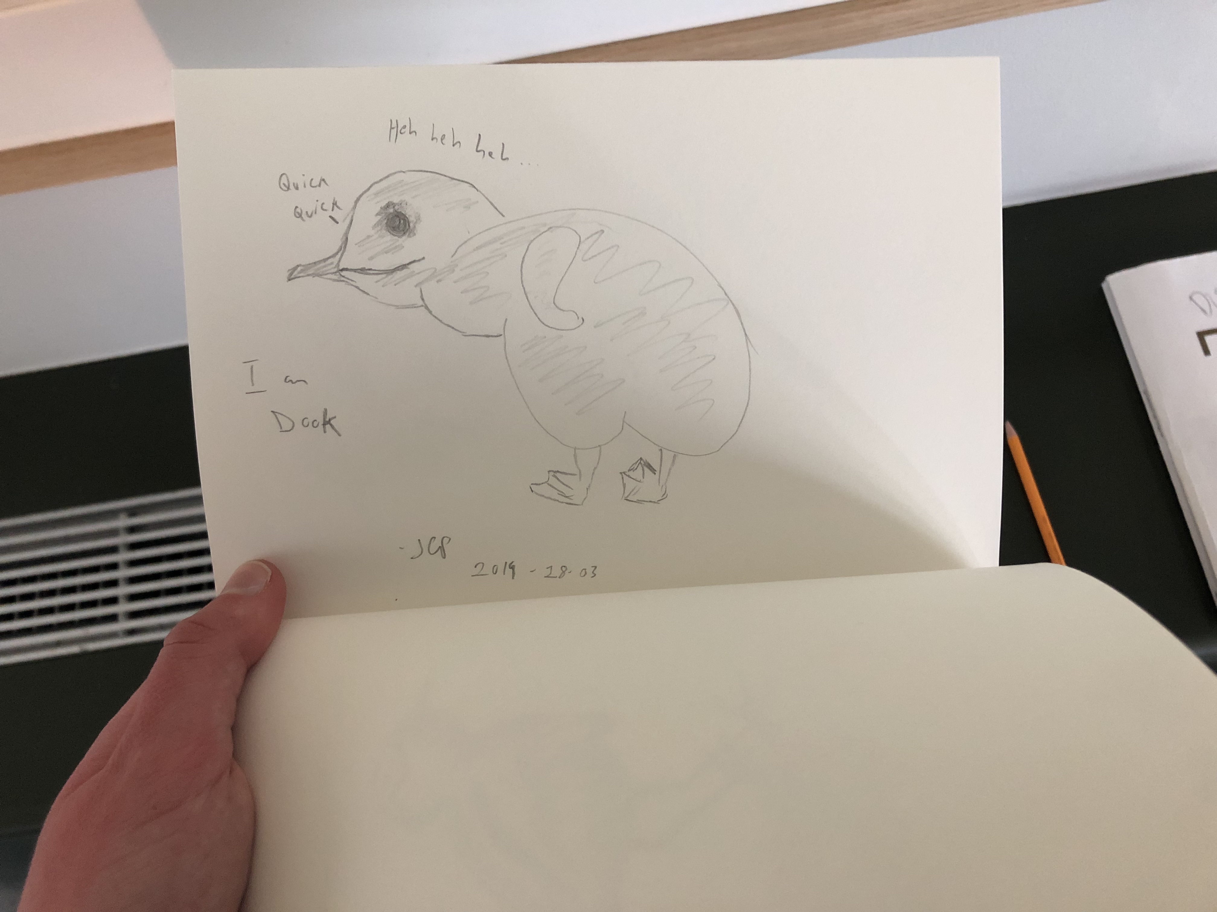 Drawing of a duck found in the Icelandic Culture House. The duck says I am Dook