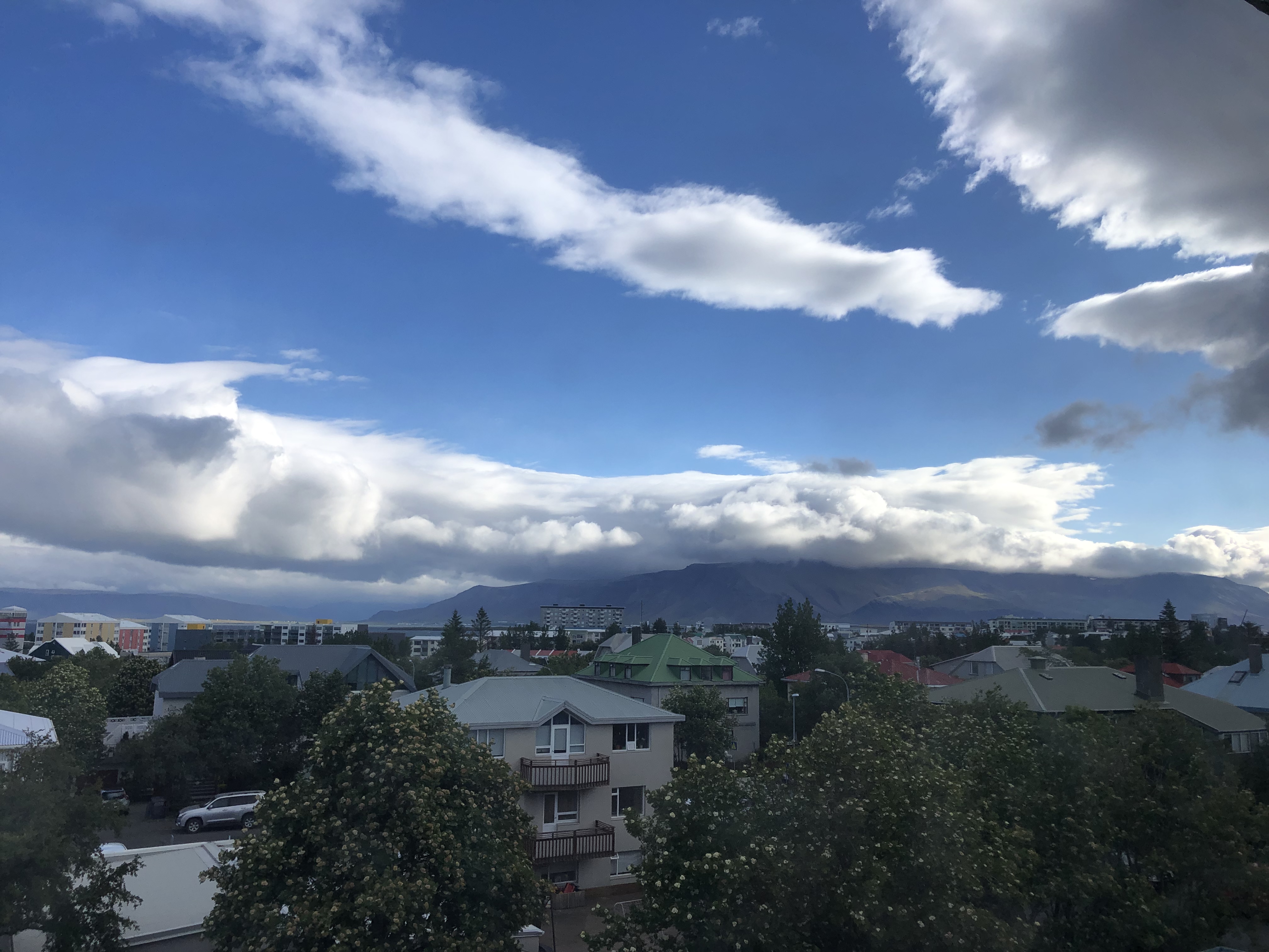View of Reykjavik with blue skies, big clouds, houses and trees.