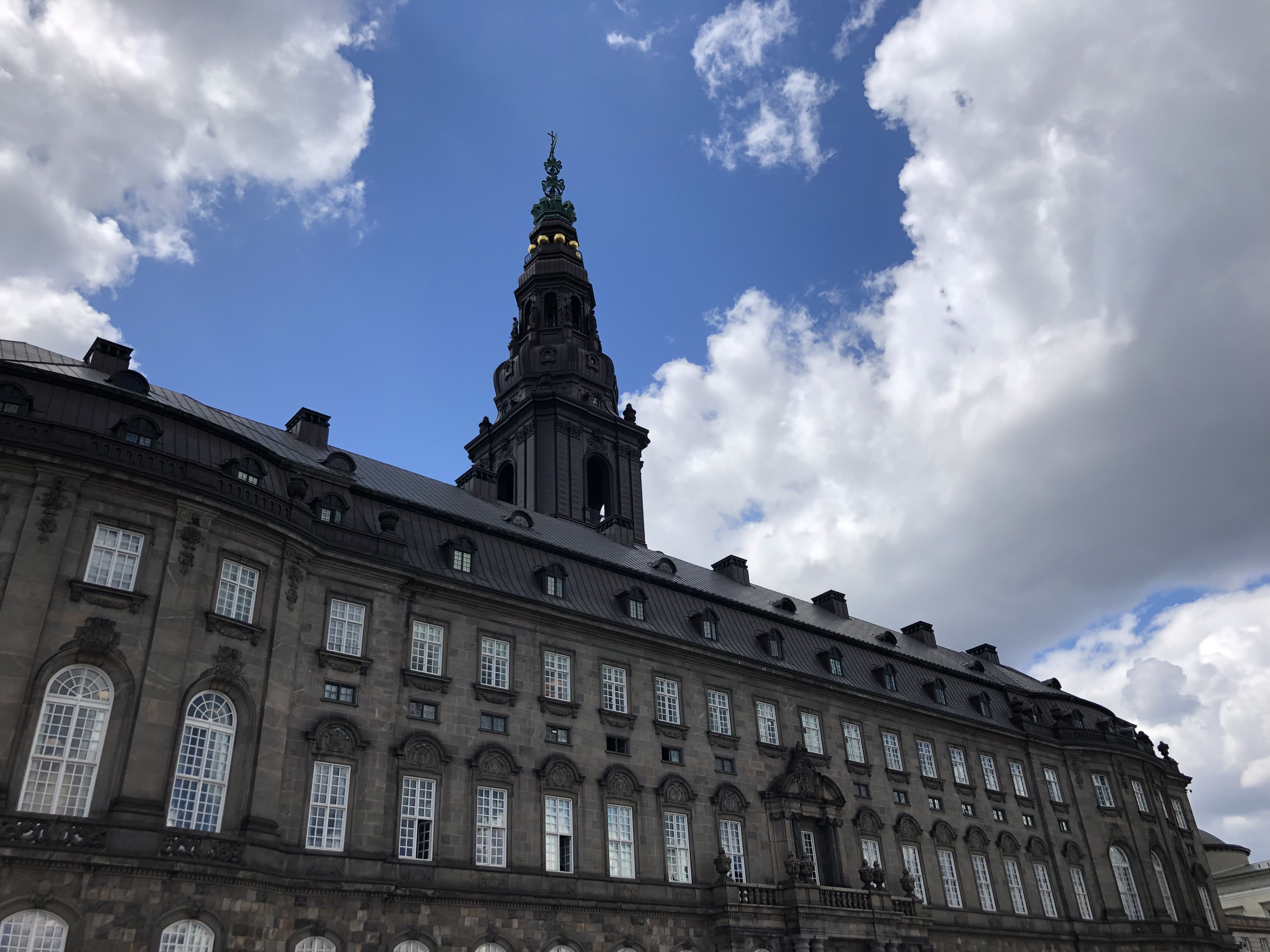 Some kind of statehouse that was restored and given an aged look to convey power and strength in Copenhagen.