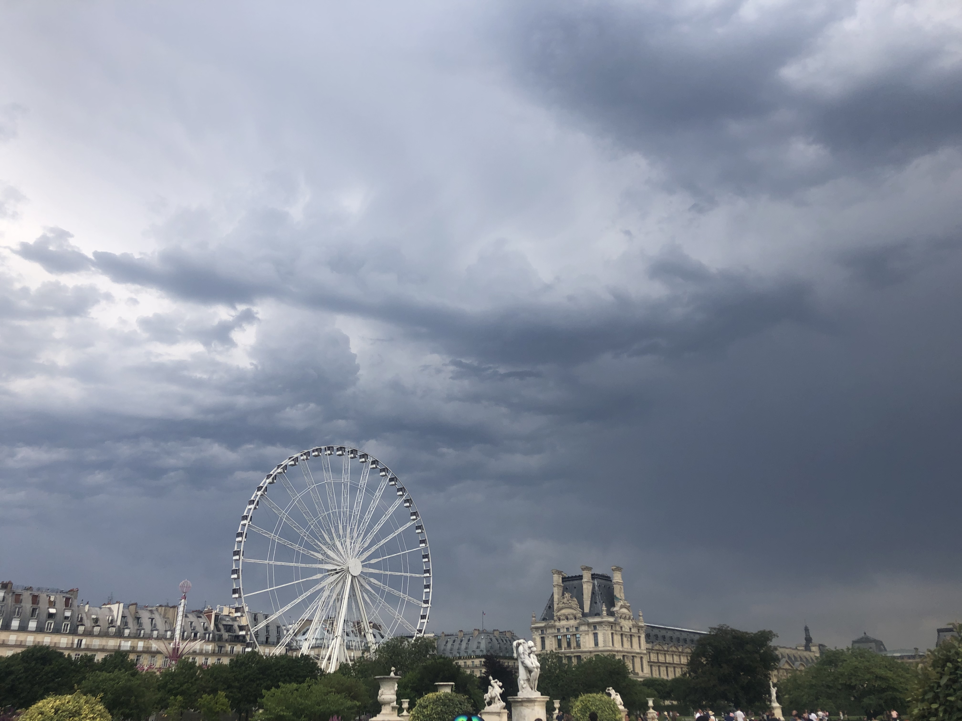 Ferris wheel and Paris skyline with ominous clouds